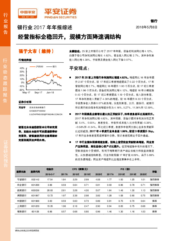 银行业2017年年报综述：经营指标企稳回升，规模方面降速调结构