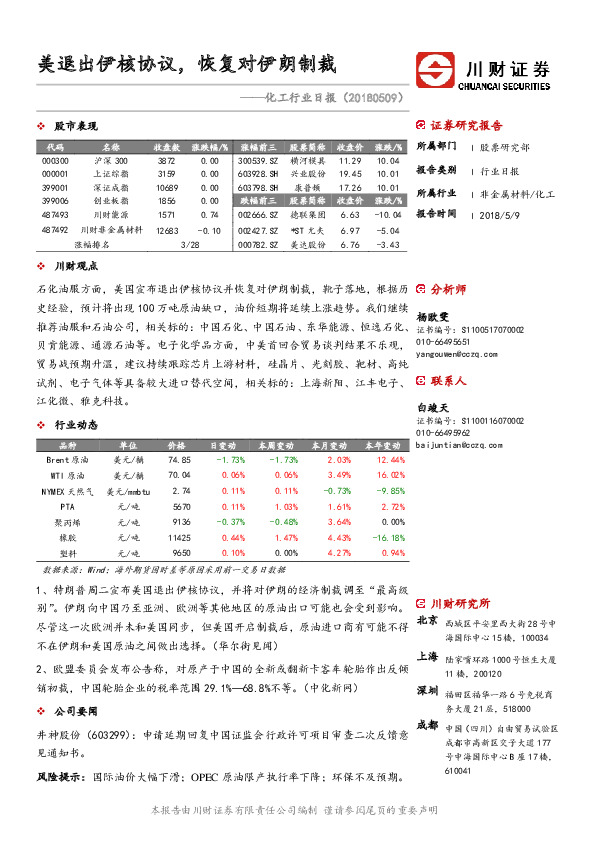 化工行业日报：美退出伊核协议，恢复对伊朗制裁