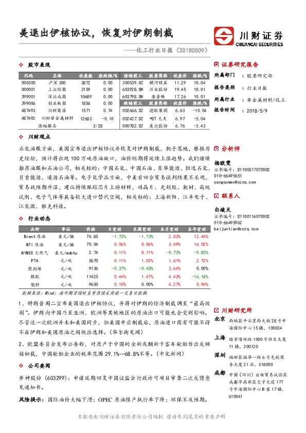 化工行业日报：美退出伊核协议，恢复对伊朗制裁