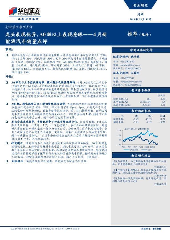 4月新能源汽车销量点评：龙头表现优异，A0级以上表现抢眼