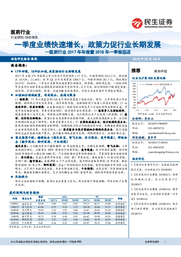 医药行业2017年年报暨2018年一季报综述：一季度业绩快速增长，政策力促行业长期发展