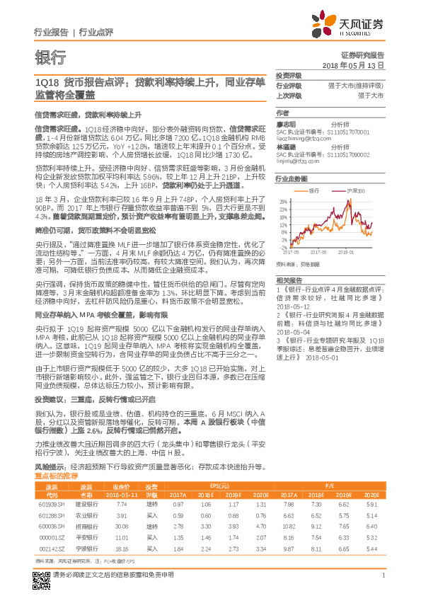 银行：1Q18货币报告点评：贷款利率持续上升，同业存单监管将全覆盖
