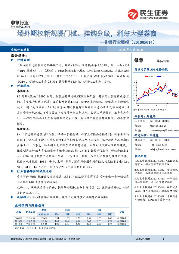 非银行业周报：场外期权新规提门槛、挂钩分级，利好大型券商