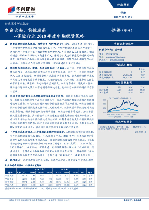 保险行业2018年度中期投资策略：水穷云起，前低后高