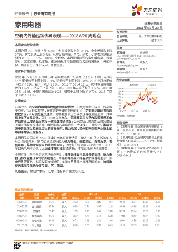 2018W20周观点：空调内外销延续优异表现
