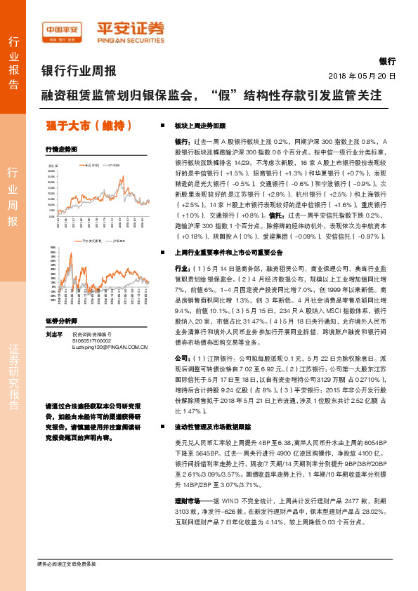 银行行业周报：融资租赁监管划归银保监会，“假”结构性存款引发监管关注