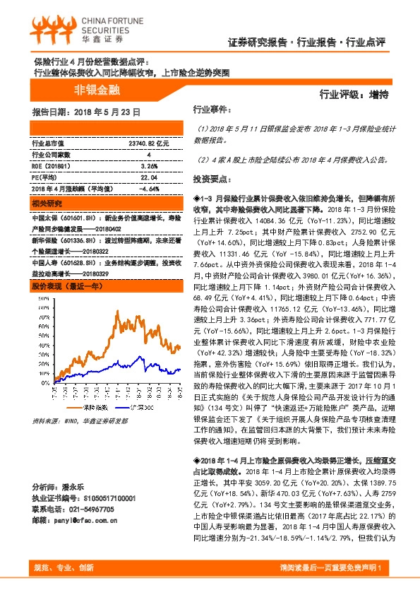 保险行业4月份经营数据点评：行业整体保费收入同比降幅收窄，上市险企逆势突围