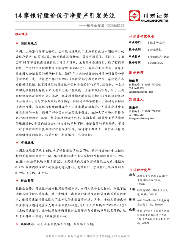 银行业周报：14家银行股价低于净资产引发关注