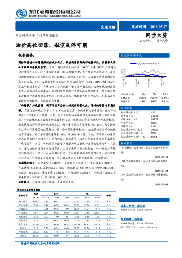 交通运输行业动态报告：油价高位回落，航空反弹可期