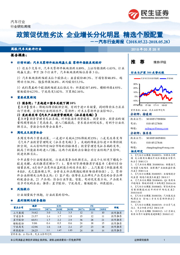汽车行业周报：政策促优胜劣汰 企业增长分化明显 精选个股配置