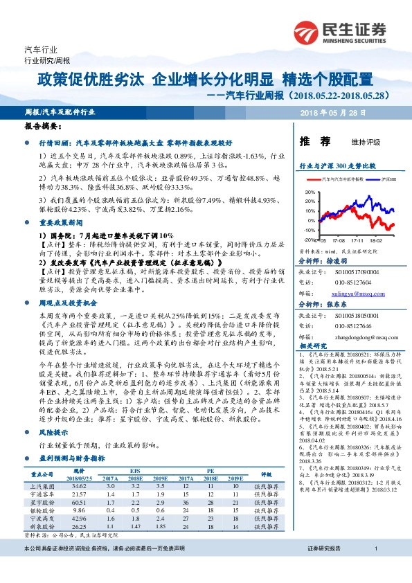 汽车行业周报：政策促优胜劣汰 企业增长分化明显 精选个股配置