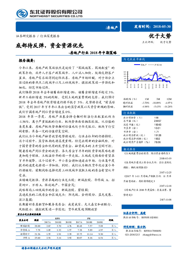 房地产行业2018年中期策略：底部待反弹，资金资源优先