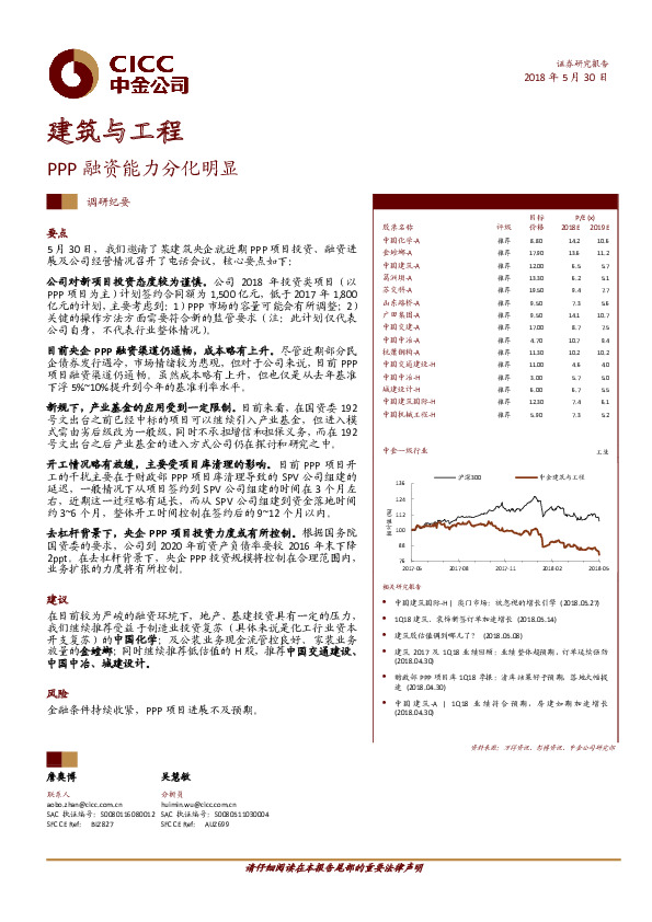 建筑与工程调研纪要：PPP融资能力分化明显