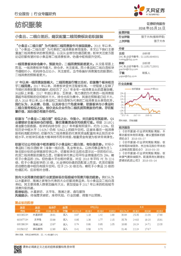 纺织服装行业报告：小食品、二线白酒后，建议配置二线消费板块纺织服装