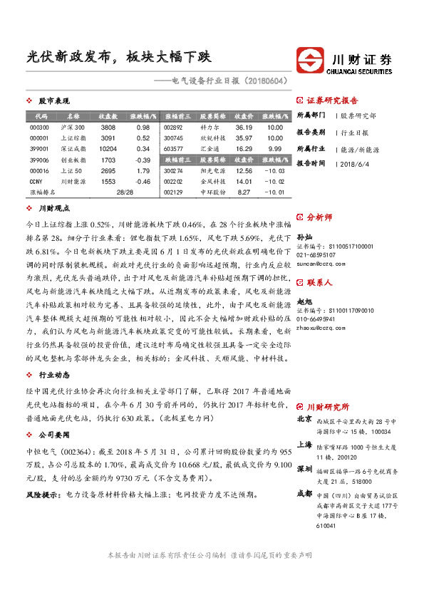 电气设备行业日报：光伏新政发布，板块大幅下跌