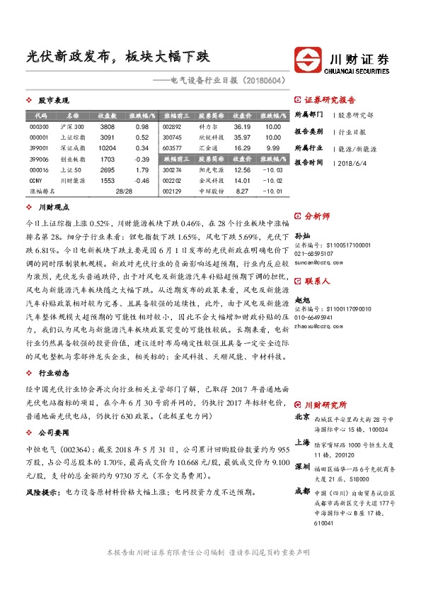 电气设备行业日报：光伏新政发布，板块大幅下跌