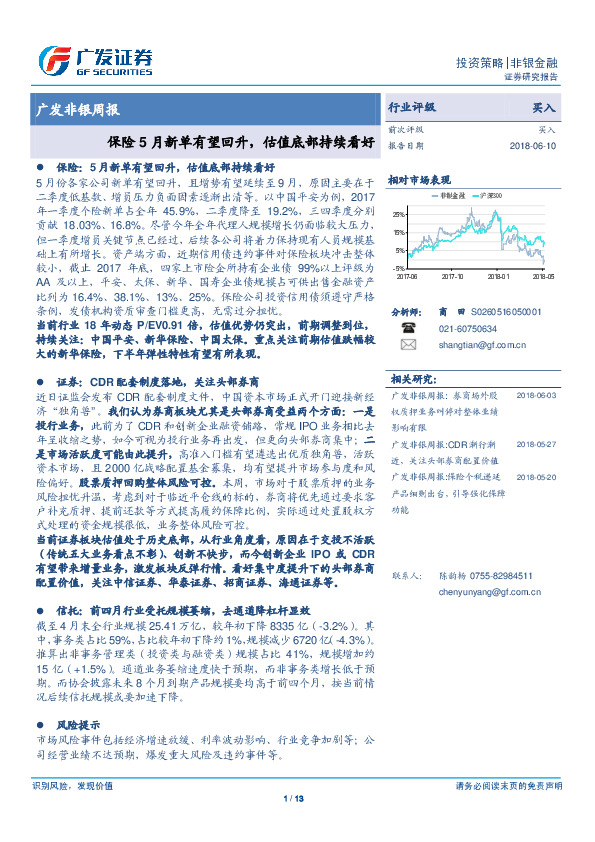广发非银周报：保险5月新单有望回升，估值底部持续看好