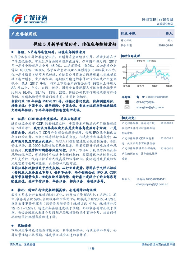 广发非银周报：保险5月新单有望回升，估值底部持续看好