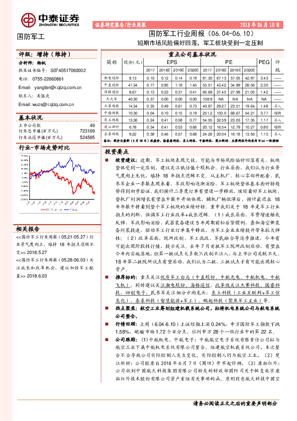 国防军工行业周报：短期市场风险偏好回落，军工板块受到一定压制
