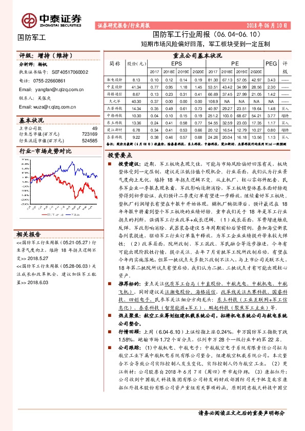 国防军工行业周报：短期市场风险偏好回落，军工板块受到一定压制