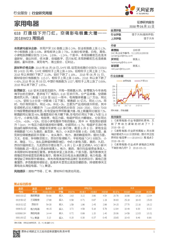 家用电器2018W23周观点：618打通线下开门红，空调彩电销量大增
