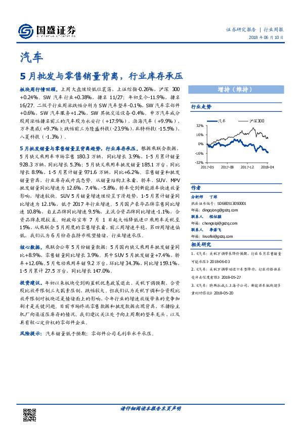 汽车：5月批发与零售销量背离，行业库存承压