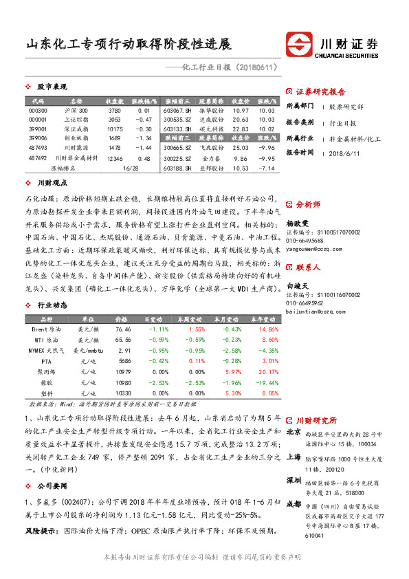 化工行业日报：山东化工专项行动取得阶段性进展