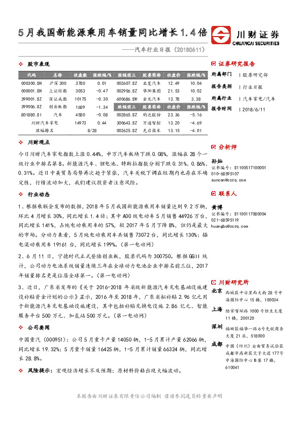 汽车行业日报：5月我国新能源乘用车销量同比增长1.4倍