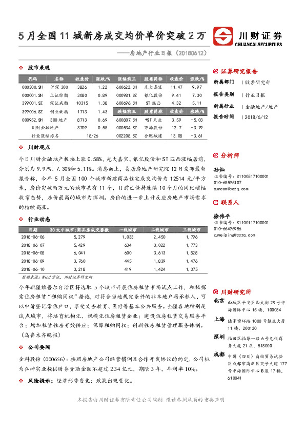 房地产行业日报：5月全国11城新房成交均价单价突破2万