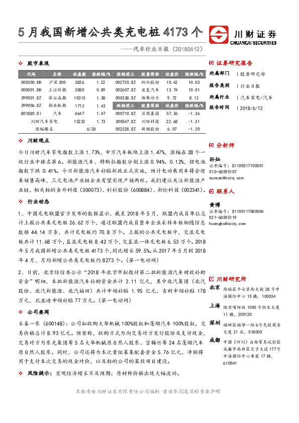 汽车行业日报：5月我国新增公共类充电桩4173个