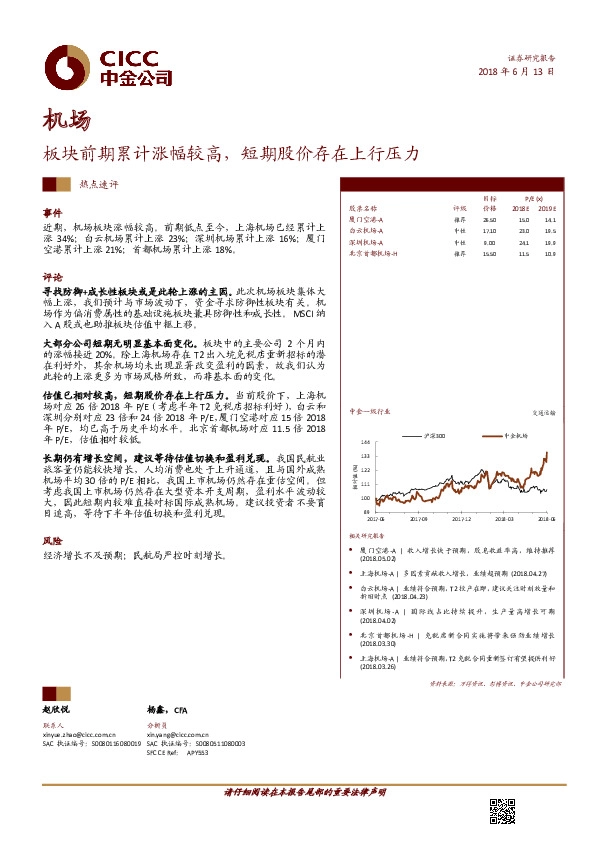 机场：板块前期累计涨幅较高，短期股价存在上行压力