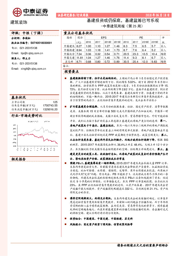 中泰建筑周报（第25周）：基建投资或仍探底，基建蓝筹已可乐观