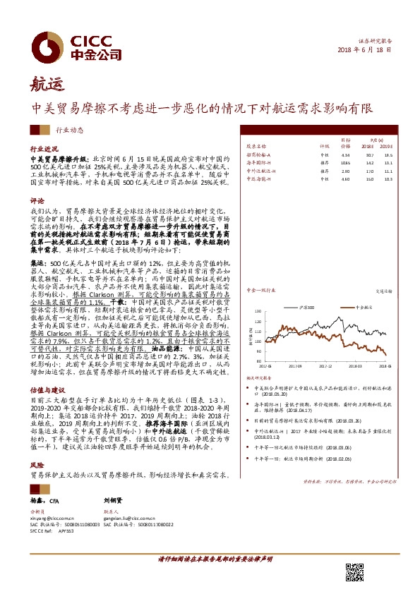 航运行业动态：中美贸易摩擦不考虑进一步恶化的情况下对航运需求影响有限