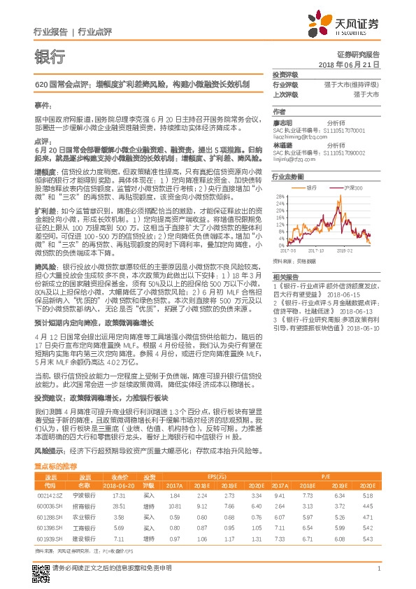 银行：620国常会点评：增额度扩利差降风险，构建小微融资长效机制