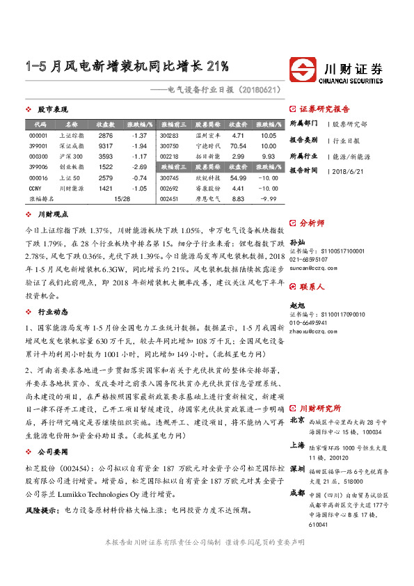 电气设备行业日报：1-5月风电新增装机同比增长21%