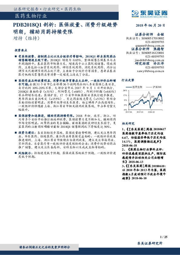 医药生物行业PDB2018Q1剖析：医保放量、消费升级趋势明朗，辅助用药持续受限