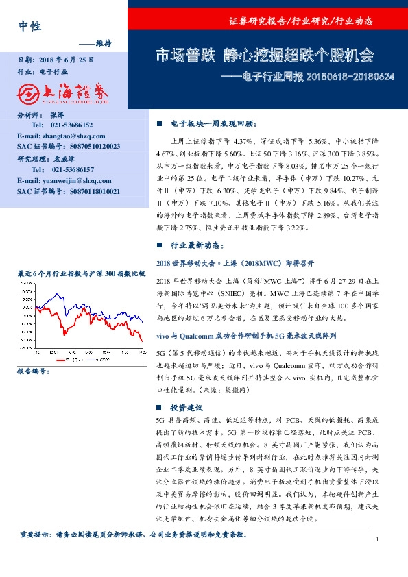 电子行业周报：市场普跌 心挖掘超跌个股机会