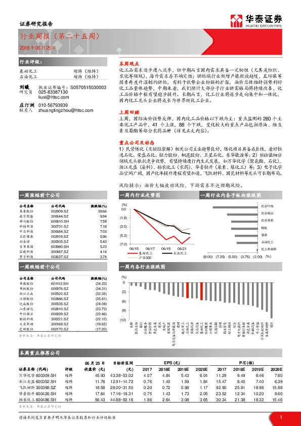 石油化工行业周报（第二十五周）