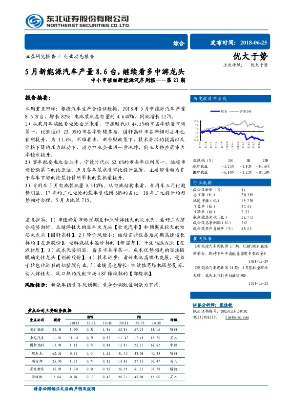 中小市值组新能源汽车周报第21期：5月新能源汽车产量8.6台，继续看多中游龙头