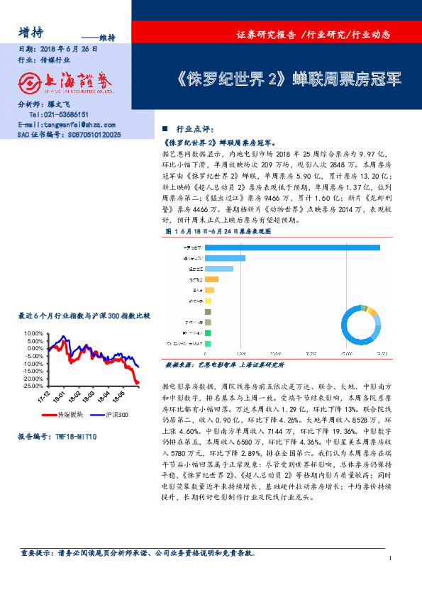 传媒行业：《侏罗纪世界2》蝉联周票房冠军
