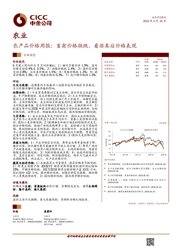 农产品价格周报：畜禽价格微跌，看涨其后价格表现