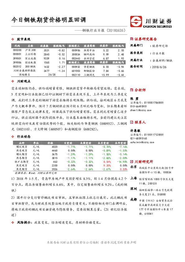 钢铁行业日报：今日钢铁期货价格明显回调