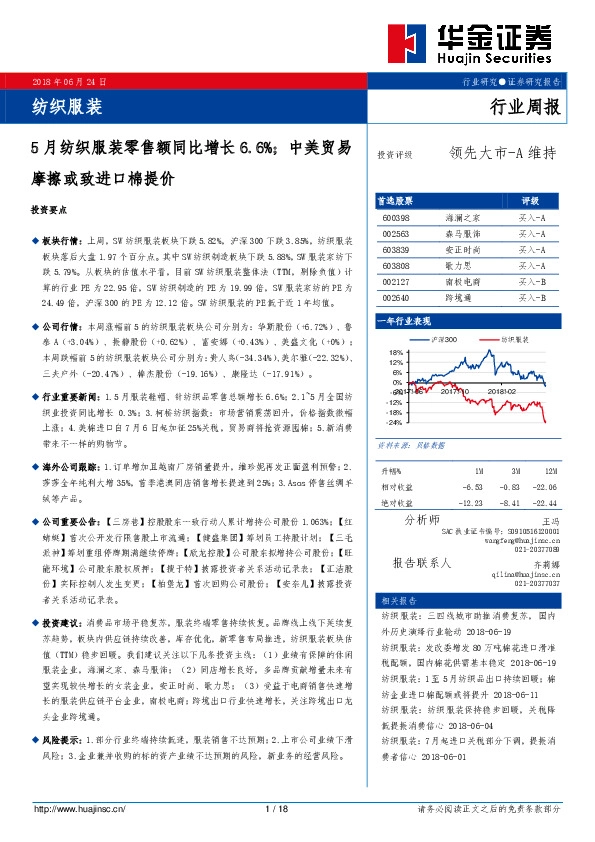 纺织服装行业周报：5月纺织服装零售额同比增长6.6%；中美贸易摩擦或致进口棉提价