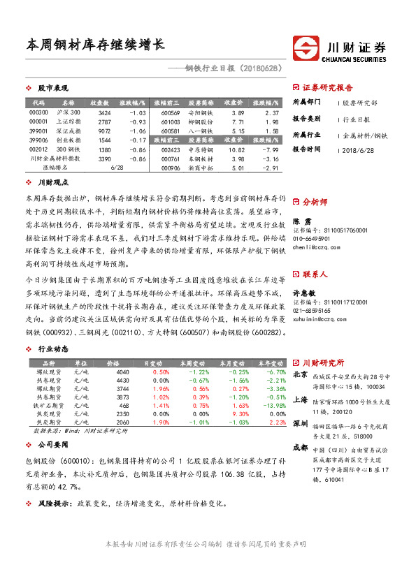 钢铁行业日报：本周钢材库存继续增长
