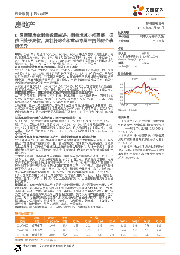 房地产：6月百强房企销售数据点评：销售增速小幅回落，但依旧处于高位，高杠杆房企和重点布局三四线房企表现优异
