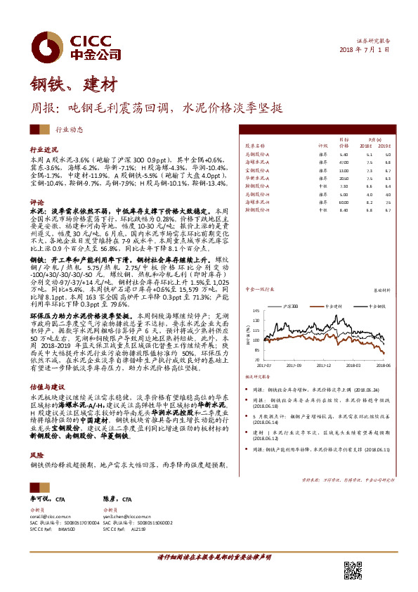 钢铁、建材周报：吨钢毛利震荡回调，水泥价格淡季坚挺