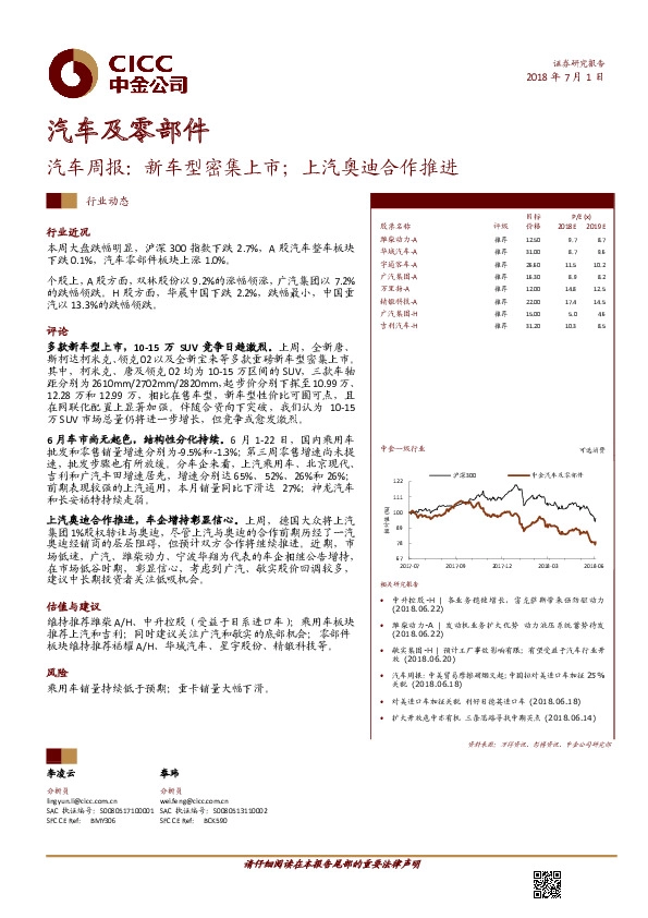 汽车周报：新车型密集上市；上汽奥迪合作推进
