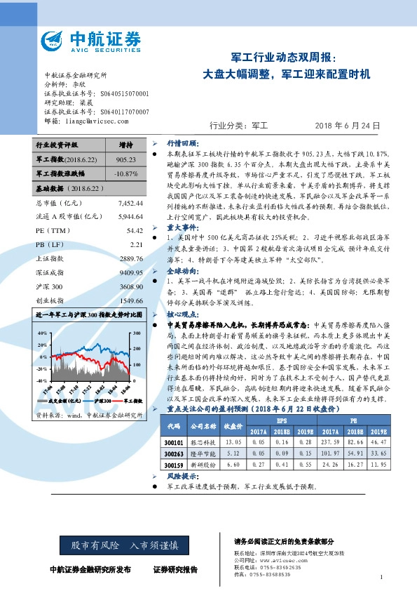 军工行业动态双周报：大盘大幅调整，军工迎来配置时机