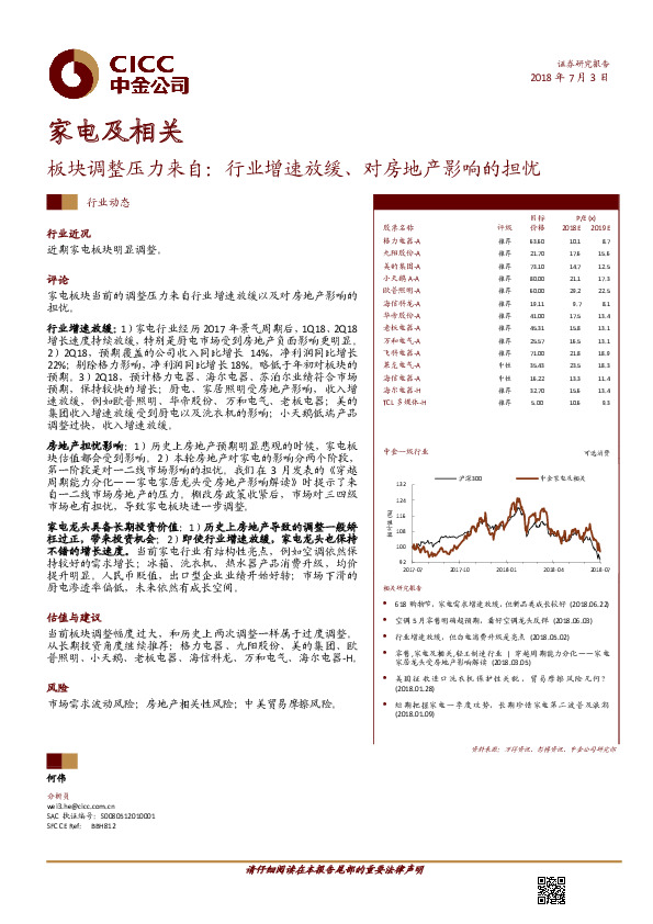 家电及相关行业动态：板块调整压力来自：行业增速放缓、对房地产影响的担忧