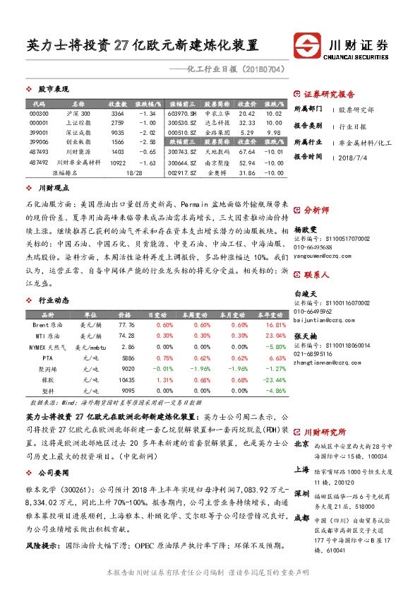 化工行业日报：英力士将投资27亿欧元新建炼化装置